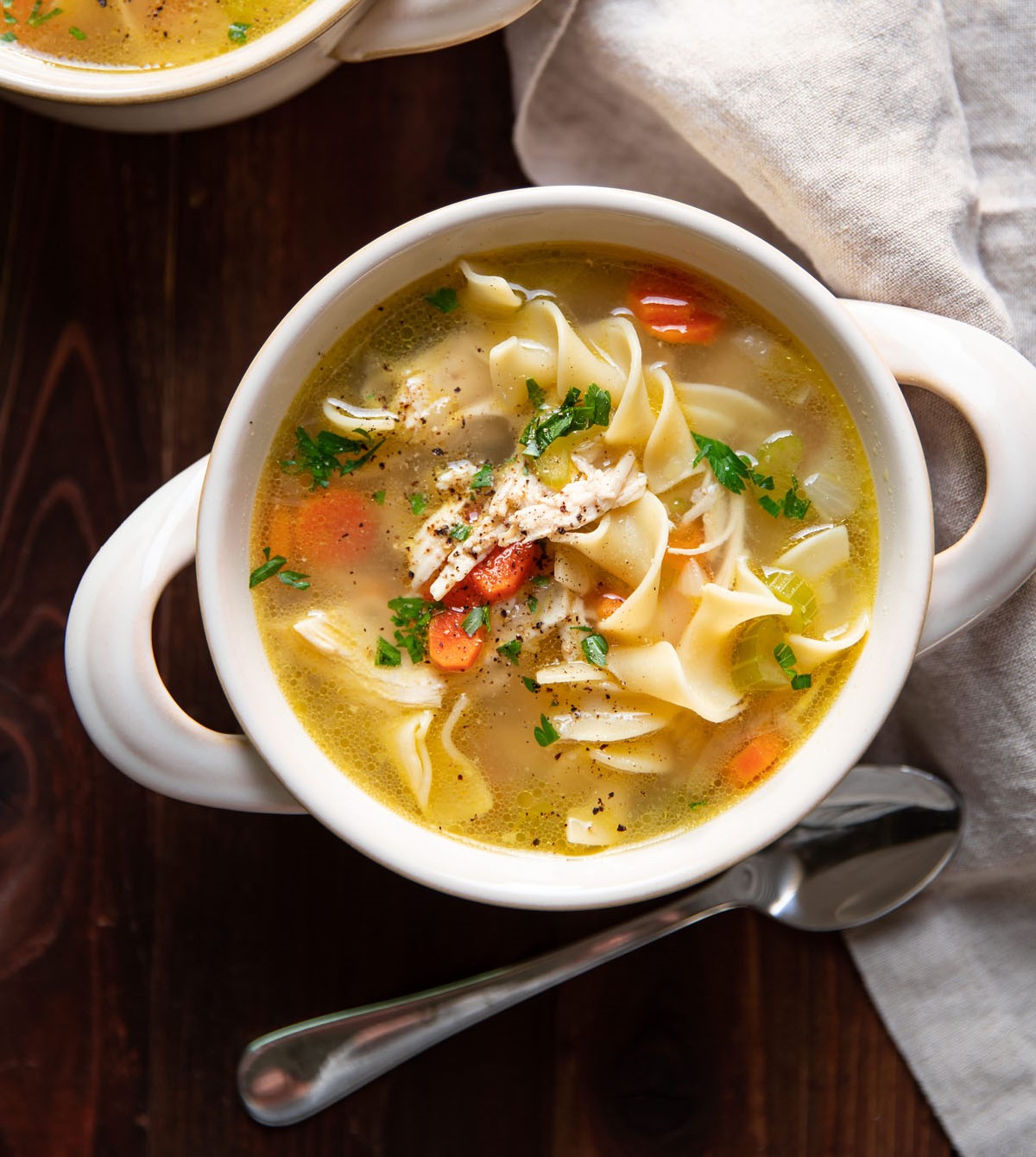 A bowl of chicken noodle soup with herbs in the broth, large carrot slices, and thick noodles. Image from moderncrumb.com