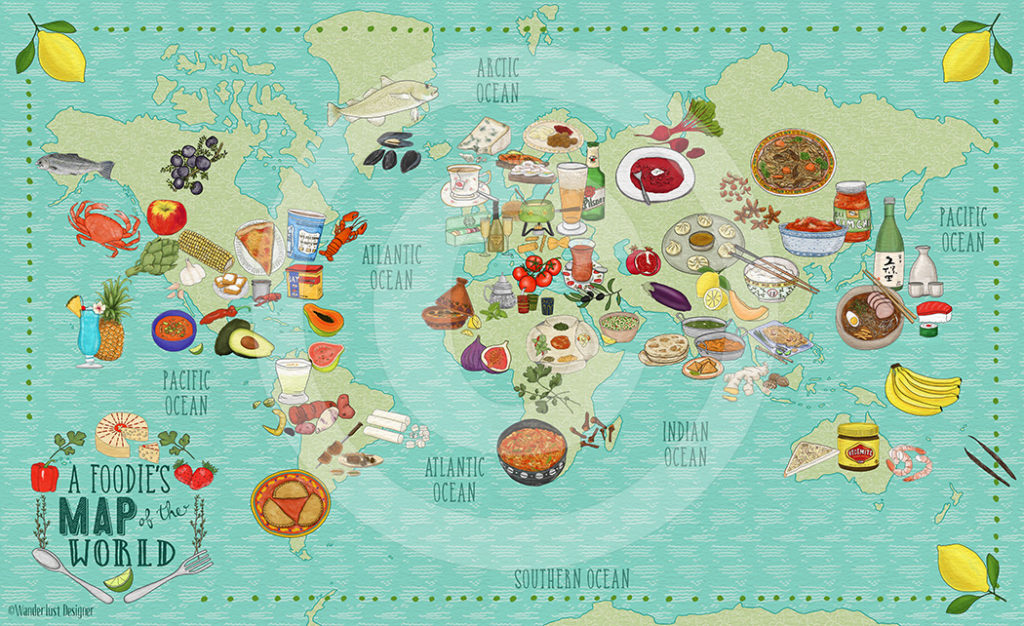 Map of the world with different foods for multiple locations. Image from