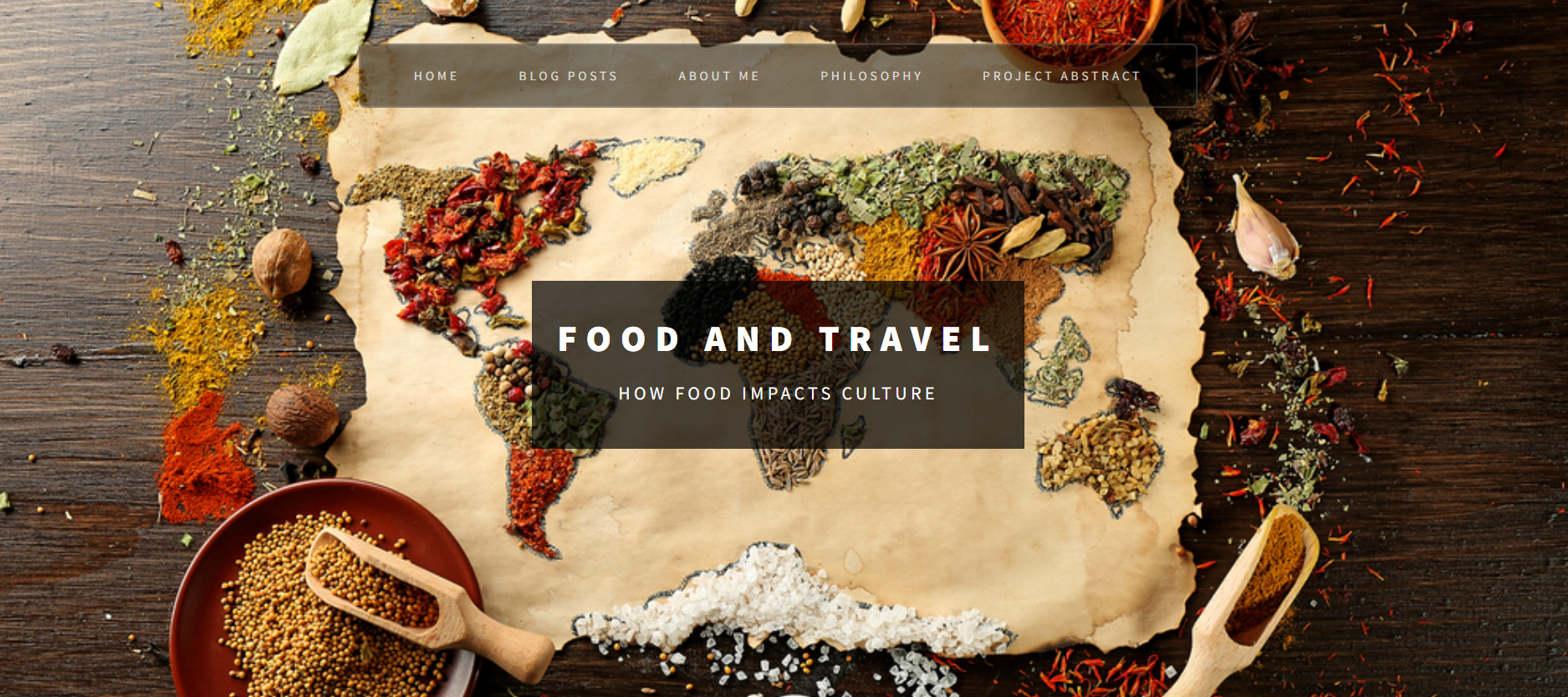 Food and Travel website homepage featuring links to blog posts, about me, philosophy, and project abstract