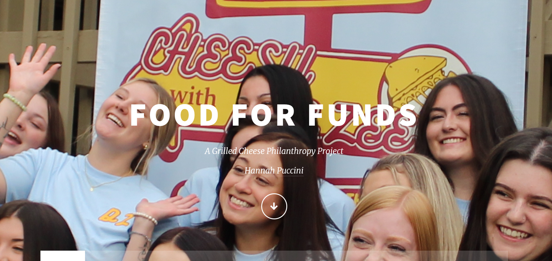 Hannah's homepage features WIU Delta Zeta members posing in front of a grilled cheese sign 