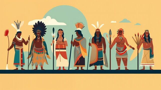 A cartoon image of Indigenous People lined up in their cultural outfits. They are standing in front of what appears to be a sunset.